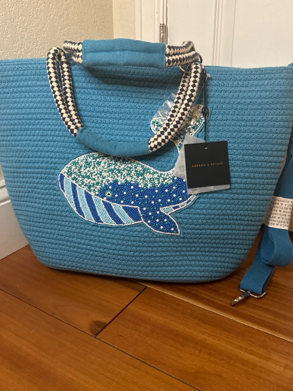 America & Beyond Blue Beaded Whale Tote